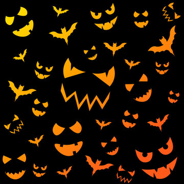Halloween pattern. Design with creepy faces and bats.