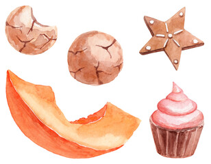 Collection of sweet food. Watercolor hand painted illustrations