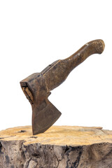 Old rusty hatchet with wooden handle stuck in the stump, isolated on a white background