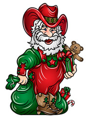 Santa Claus. Wall sticker Color, graphic, decorative portrait of Santa Claus in a cowboy hat with a bag of gifts. Digital vector drawing.