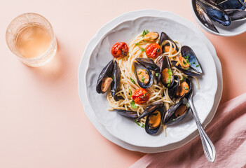 Mussels spaghetti plate with seafood sauce copy space. 