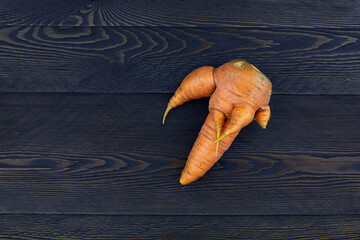 Ugly carrot on a dark wooden background. Food waste concept.