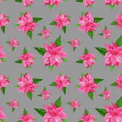  Christmas poinsettia pink flower.Christmas pattern with watercolor pink poinsettia on a gray background. Design for wrappers, packages, scrapbooking, fabric print, bag. © Olga