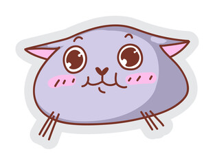 Frightened cat muzzle. Funny cat head with pinned ear sticker showing frightened scared muzzle expression isolated on white background. Cute kitten scary emoticon vector illustration