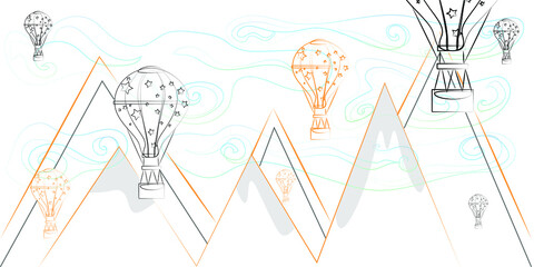 Wallpaper with contour of the mountains and air balloons. Line art. Vector illustartion orange, black, white and grey colors. Concept for the badroom.