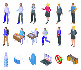 Quarantine in school icons set. Isometric set of quarantine in school vector icons for web design isolated on white background