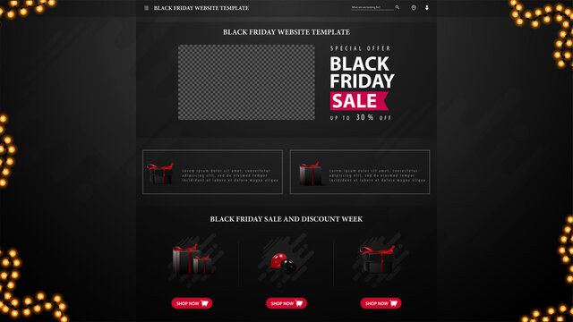 Black Friday website template with place for your photo, offer and goods with buttons. Discount website template for Black Friday