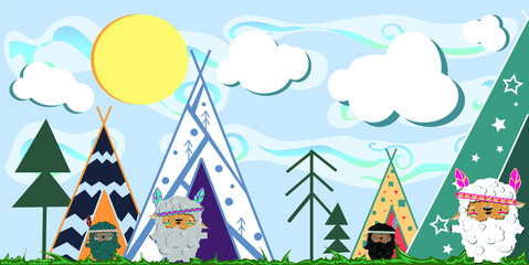 Wallpaper with wigwam and cute lambs indians , clouds,sun and trees. Vector illustration for kids playroom. © Katerina Nahorna
