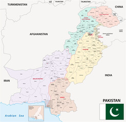 administrative vector map of Islamic Republic of Pakistan with flag - obrazy, fototapety, plakaty