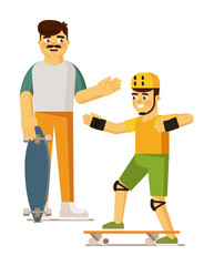 Happy family with father teaching son riding skateboard vector illustration isolated on white background