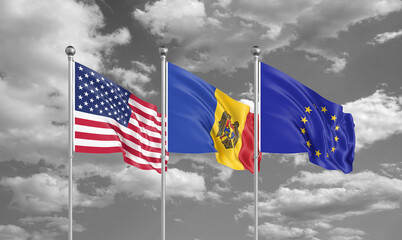 Three realistic flags. Three colored silky flags in the wind: USA (United States of America), EU (European Union) and Moldavia. 3D illustration.
