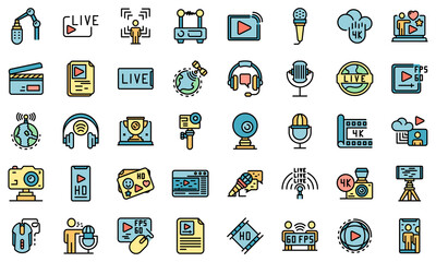 Stream icons set. Outline set of stream vector icons thin line color flat on white