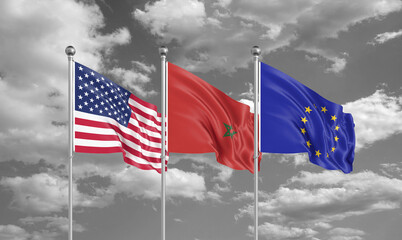 Three realistic flags. Three colored silky flags in the wind: USA (United States of America), EU (European Union) and Morocco. 3D illustration.