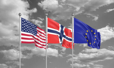 Three realistic flags. Three colored silky flags in the wind: USA (United States of America), EU (European Union) and Norway. 3D illustration.