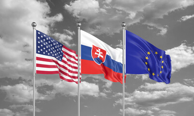 Three realistic flags. Three colored silky flags in the wind: USA (United States of America), EU (European Union) and Slovakia. 3D illustration.