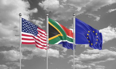 Obraz premium Three realistic flags. Three colored silky flags in the wind: USA (United States of America), EU (European Union) and South Africa. 3D illustration.
