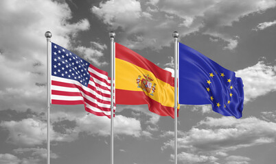 Three realistic flags. Three colored silky flags in the wind: USA (United States of America), EU (European Union) and Spain. 3D illustration.