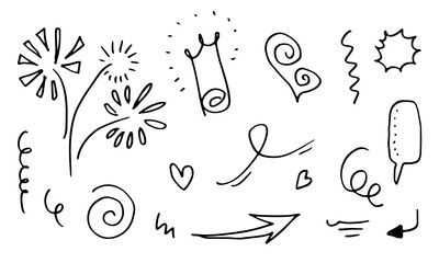 hand drawn set element,black on white background.heart,light,king,emphasis,swirl,for concept design.