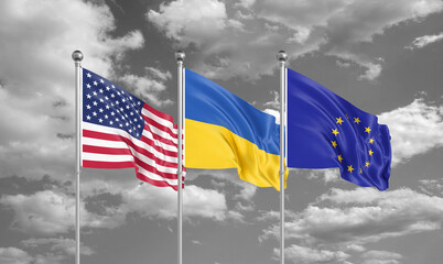 Three realistic flags. Three colored silky flags in the wind: USA (United States of America), EU (European Union) and Ukraine. 3D illustration.