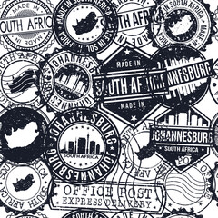 Naklejka premium Johannesburg, South Africa Stamps Background. A City Stamp Vector Art. Set of Postal Passport Travel. Design Set Pattern.