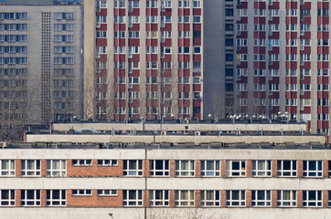 Building facade of soviet apartments style in katowice,poland