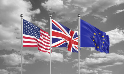 Three realistic flags. Three colored silky flags in the wind: USA (United States of America), EU (European Union) and United Kingdom. 3D illustration.