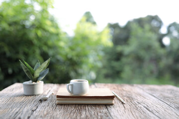 White coffee mug and notebooks with Snake Plant on brown wooden table
