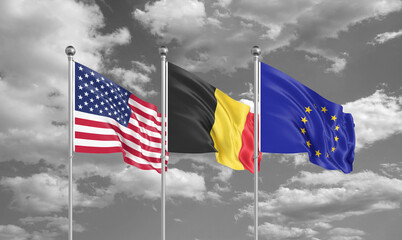 Three realistic flags. Three colored silky flags in the wind: USA (United States of America), EU (European Union) and Belgium. 3D illustration.