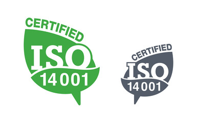 ISO 14001 certified stamp in pin and leaf form - environmental management system international standard approved sign  - isolated vector icon in eco style