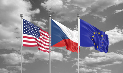 Three realistic flags. Three colored silky flags in the wind: USA (United States of America), EU (European Union) and Czech Republic. 3D illustration.