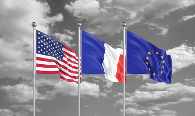 Three realistic flags. Three colored silky flags in the wind: USA (United States of America), EU (European Union) and France. 3D illustration.
