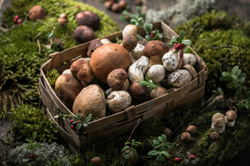 Autumn Cep Mushrooms. Ceps Boletus edulis over Wooden Background with moss, close up.  Gourmet food