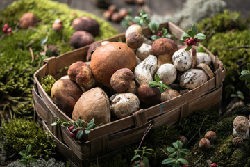 Autumn Cep Mushrooms. Ceps Boletus edulis over Wooden Background with moss, close up.  Gourmet food