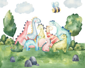 family of dinosaurs, watercolor painting, landscape, children's illustration, nursery design, print © Ilona