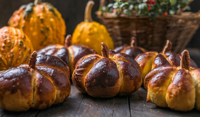 Pumpkin buns bread. Halloween Food Concept. Autumn food