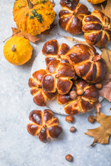 Pumpkin buns bread. Halloween Food Concept. Autumn food