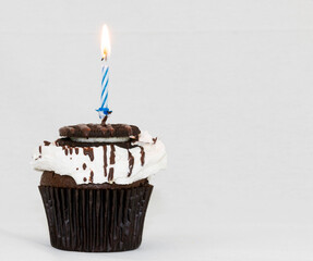 Brown cupcake with marshmello frosting and a cookie with a blue lit candle on top