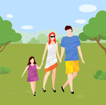 Young family walks in the park. Mom wears sunglasses, daughter with colorful dress, father wears shorts. Strolling park or forest. Young couple with child walking in wood and holding hands. Flat image