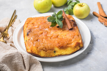 Cottage cheese casserole with apples and cinnamon . Concept of a healthy Breakfast. Sweet food, gluten free, homemade cakes