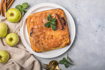 Cottage cheese casserole with apples and cinnamon . Concept of a healthy Breakfast. Sweet food, gluten free, homemade cakes
