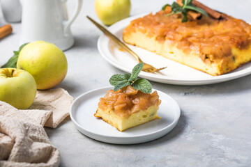 Cottage cheese casserole with apples and cinnamon . Concept of a healthy Breakfast. Sweet food, gluten free, homemade cakes