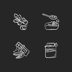 Healthy vegetarian meals chalk white icons set on black background. Organic berries types. Tasty dark chocolate. Kombucha drink creation. Isolated vector chalkboard illustrations