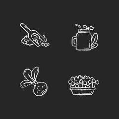 Greens variety chalk white icons set on black background. Fruity smoothie types. Microgreens garden ideas. Quinoa seeds. Natural kohlrabi. Isolated vector chalkboard illustrations