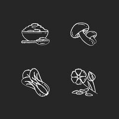 Healthy grains chalk white icons set on black background. Organic shiitake mushrooms. Eco seed meal ingredients. Natural grains variety. Isolated vector chalkboard illustrations