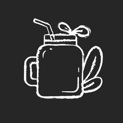 Smoothie chalk white icon on black background. Tasty organic fruity drinks ideas. Vegan meals variety. Eco lifestyle. Glass with leaves. Vegetarian meals. Isolated vector chalkboard illustration