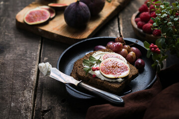 Philadelphia snacks with Bruschetta, figs. Delicious breakfast, snack, appetizers