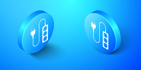Isometric Electric extension cord icon isolated on blue background. Power plug socket. Blue circle button. Vector.