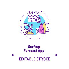 Surfing forecast app concept icon. Gadget function idea thin line illustration. Marine weather forecasting. Great waves search. Vector isolated outline RGB color drawing. Editable stroke