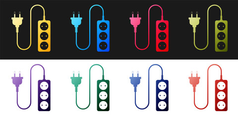 Set Electric extension cord icon isolated on black and white background. Power plug socket. Vector.