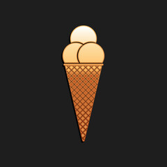 Gold Ice cream in waffle cone icon isolated on black background. Long shadow style. Vector.